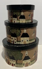 Primitive Folk Art Style Papier Mache Round Nesting Boxes With Lids Set of 3