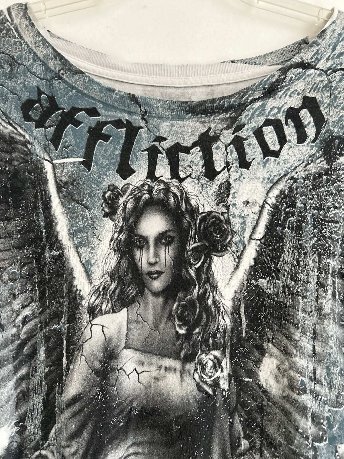 Rare AFFLICTION GREY Angel Short Sleeve Y2K T-shirt Mens XXL BAMBOO AOP Graphic image 2