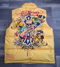 Vintage Ed Hardy x Christian Audigier Snake Skull Puffer Vest Yellow Size Large