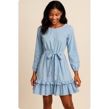 Polished Casual Blue Ruffled Hem L/S Belted Classic Cotton Dress M| Fun Flirty