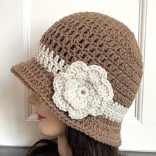 Brown Cloche Hat with Ivory Flower Band Handmade Crochet Womens 1920s Flapper