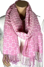 Sarah Stewart Hand Printed Pink White Scarf Zig Zag and Floral Pattern 100% Wool
