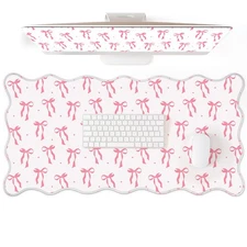 Coquette Bow Desk Mat Large Pink Scalloped Non Slip Rubber Pad 31.5x15.7 Inch
