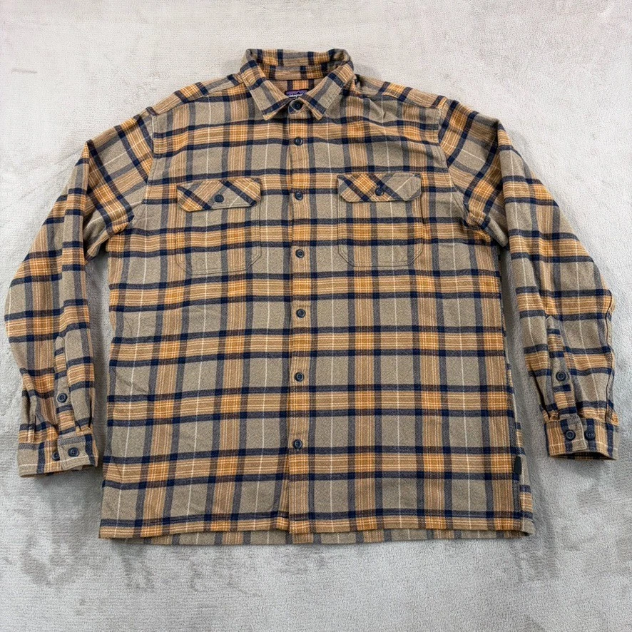 Patagonia Fjord Flannel Shirt in Brown Plaid Organic Cotton Men XL GorpCore Hike
