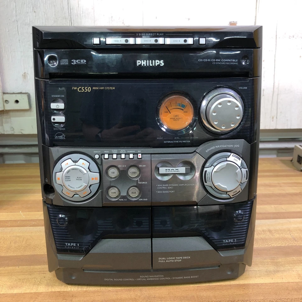 Philips FW-C550 Black Dual Cassette Deck 3 CD Changer Speakers (WORKS) - Image 2 of 4