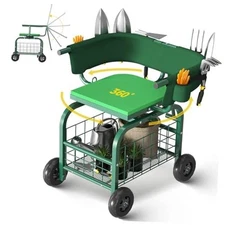  Garden Seat with Wheels, Rolling Gardening Stool with 360° Swivel Seat & Green