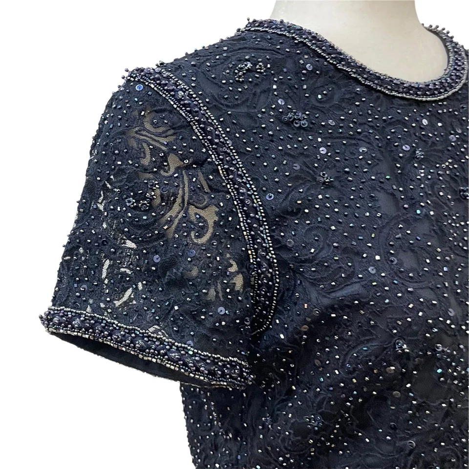 Vestido Formal Largo Carolina Herrera Vintage Talla 6 Azul Cuentas Lentejuelas Seda Gasa Foto 4 de 4