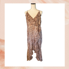 Express Tan Leopard Print Sheer Ruffle High-Low Sleeveless Midi Dress Size XL