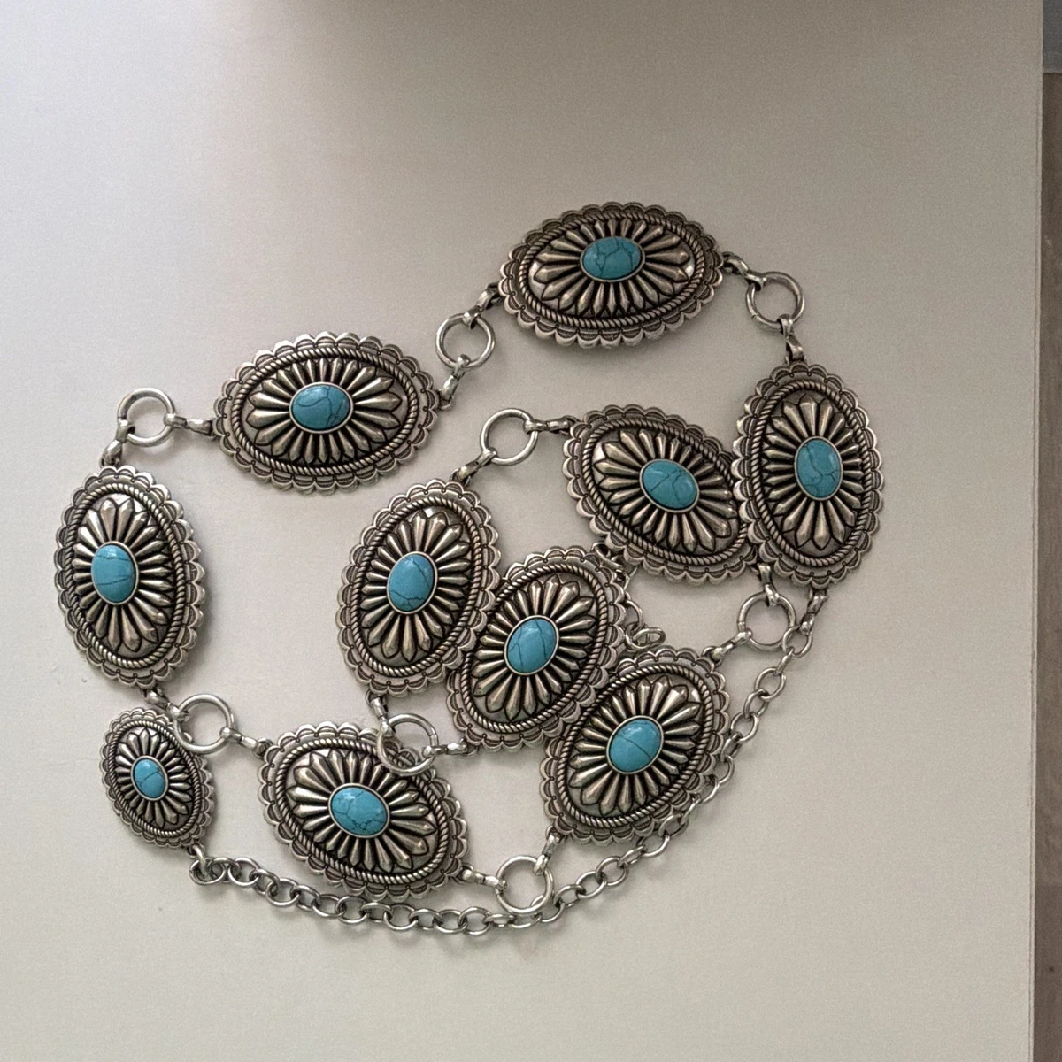 Ariat Woman’s Turquoise Cross Brown Leather Belt Silver Beaded Concha Medallions Ariat Leather Blue Belts for Women for sale | eBay main image 4