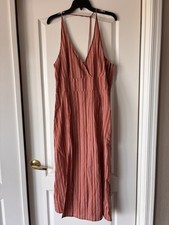 Roxy NWT Women XL Summer Beach Boho Halter Cotton Linen Striped Midi Slit Dress
