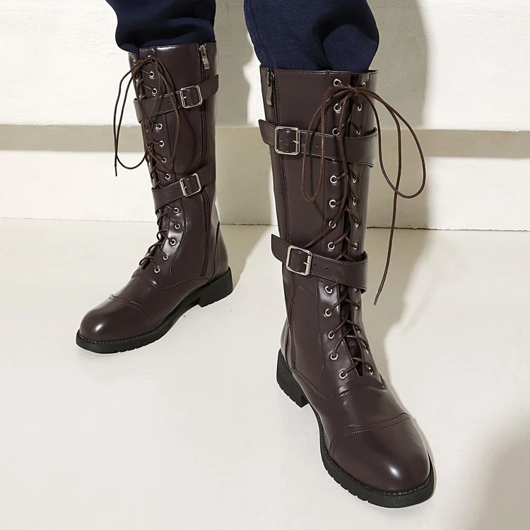 Botas masculinas com fivela e cadarço altura do joelho botas de cavaleiro equitação motocicleta zíper faroeste - Imagem 3 de 4