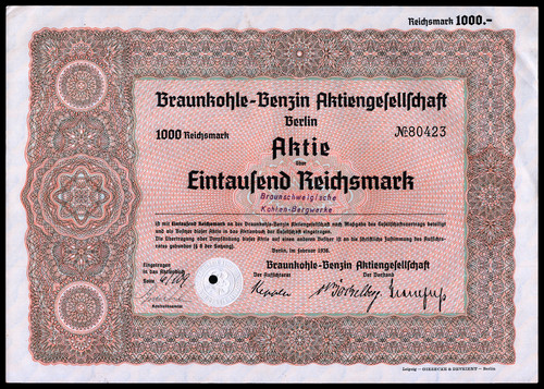 1936 Braunkohle-Benzin AG, WWII Nazi Cartel Synthetic Oil & Gasoline Producer F+