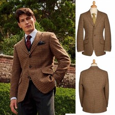 Brown Houndstooth Tweed Jacket for Men Single Breasted Hunting Coat Casual Wear