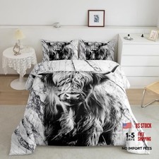 Highland Cow Print Bedding Set,Grey Comforter for Teens Boys Man King Gray