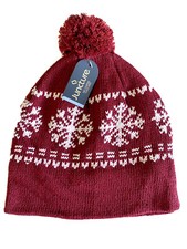 Winter Knit Hat Snowflake Pattern Red Burgundy Pompom Classic Design Ski Hat