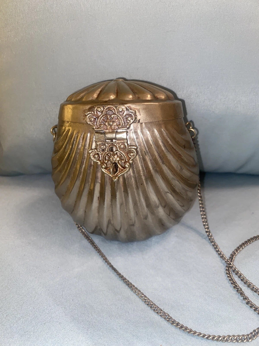 Antique/Vintage Brass Clam Shell Purse With Chain Lined With Purple Velvet