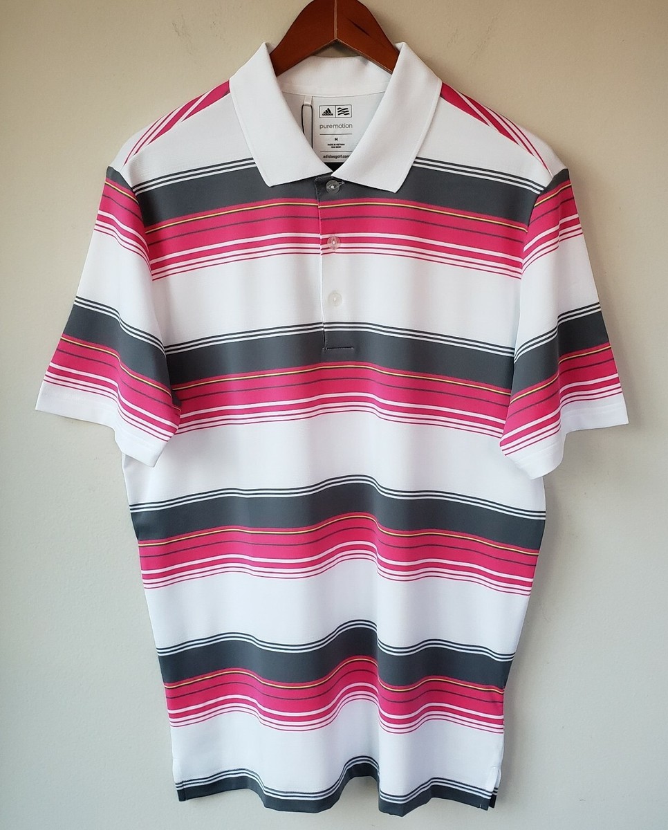 Men's Adidas Golf Polo Shirt Medium Puremotion Striped Pink Gray