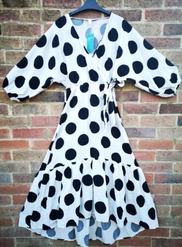 H&M White Black Balloon Sleeve Spot Polka Dot Midi Wrap Dress size S 10 12 - Afbeelding 1 van 1