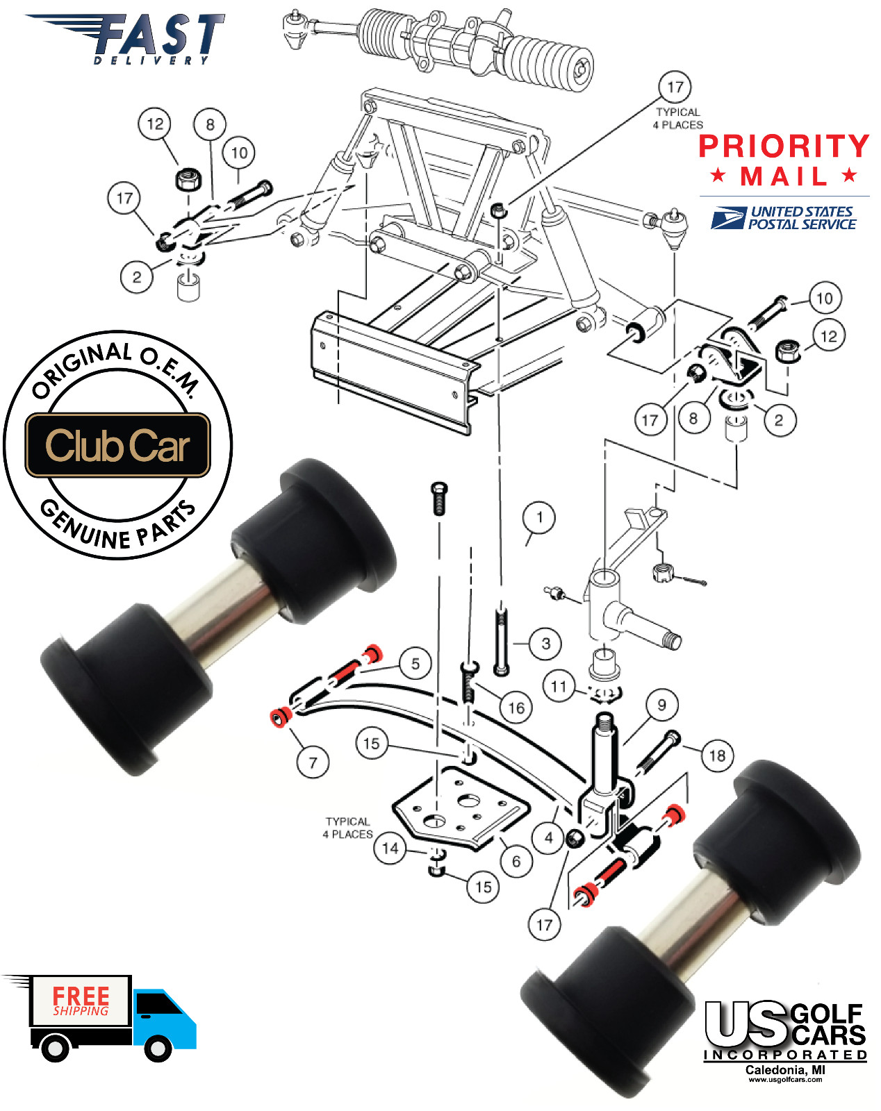 Club Car DS Golf Cart 4 Bushings and 2 Sleeves; Kit Front Le