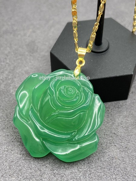 Alternate view of Jade Rose Flower Pendant Charm Necklace18k Gold Plated Talisman Chalcedony