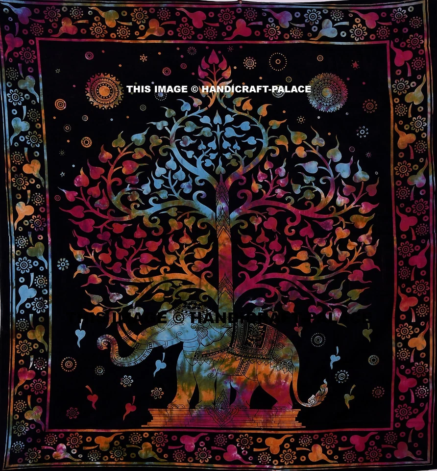 Elephant Tree of Life Mandala Queen Size Bed Sheet Indian Bedding Tapestry Throw - Image 3 of 3