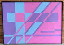 Nice Vintage 70s Hard Edge Geometric Shapes Acrylic Painting Modern Art Signed