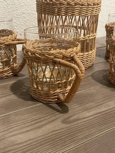 Vintage Rattan Wicker Juice Pitcher & Glasses Set Woven Handle 10 Piece Boho MCM - Picture 2 of 10