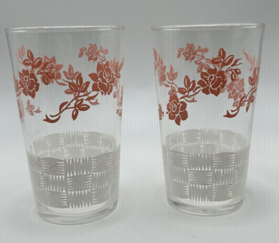2 Federal Drinking Glasses Pink Roses White Checks Cheerful Spring 50s  Vintage | eBay