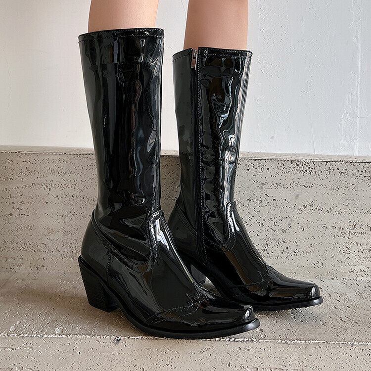 Women's Cowboy Western Knee High Boots Block Heels Faux Patent