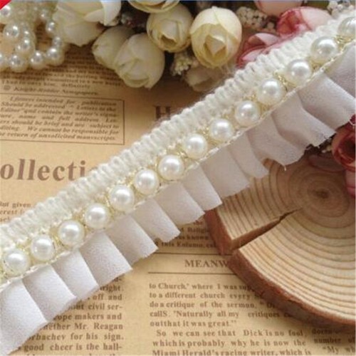 Premium Soft Chiffon Pearls Chain Lace Trim In Off White, 2 Ways Stretch Lace Trim, Single Layer Chiffon Trim For Lace Collar, Cuff, 2 Yards - Foto 3