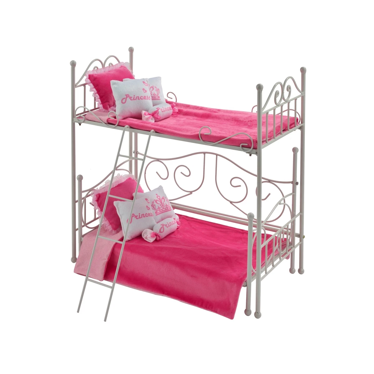Scrollwork Metal Doll Loft Bed with Daybed and Bedding White Pink