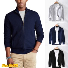 Men Knitted Cardigans Stand Collar Casual Zip Up Open Jumper Tops Slim Plain