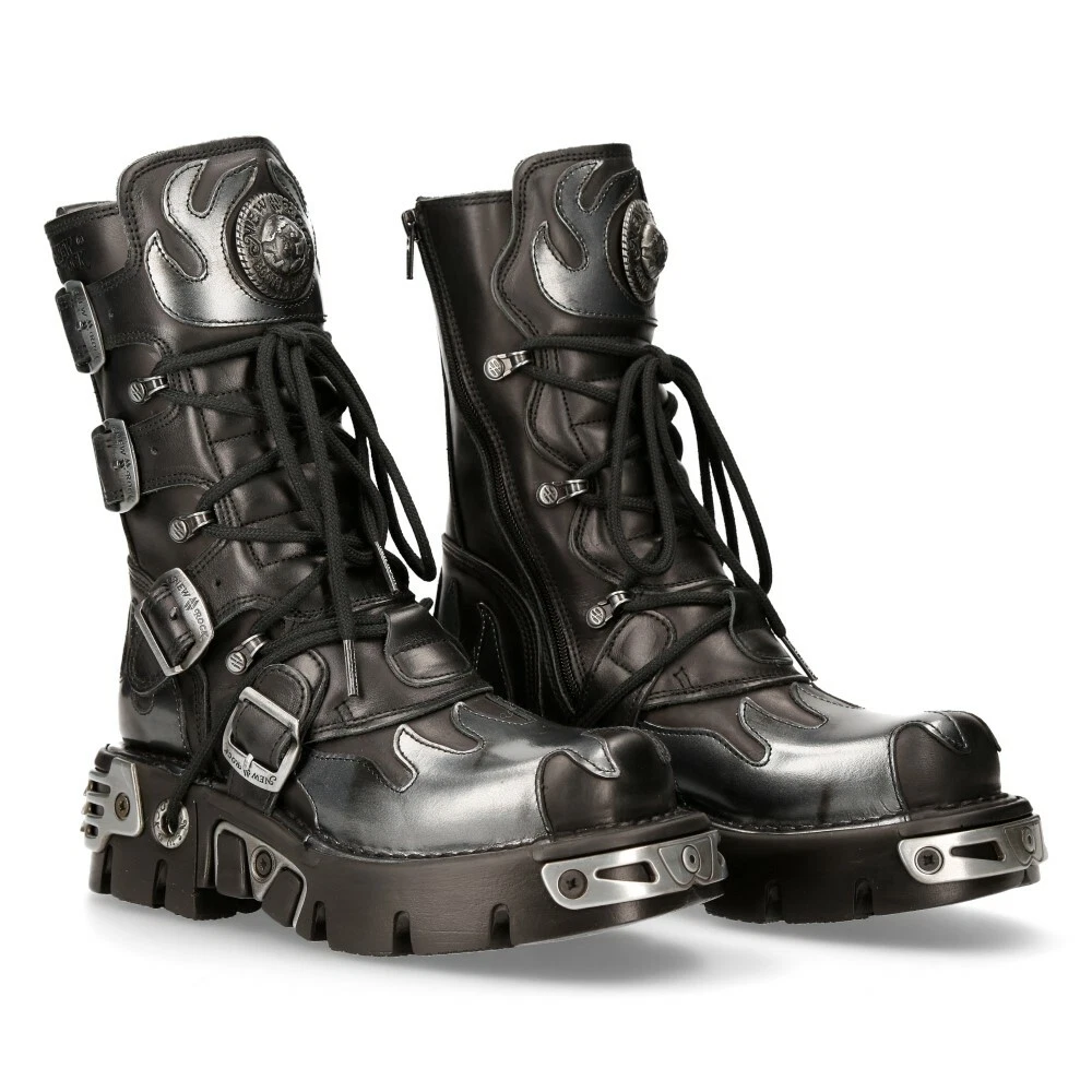 Neu Rock 591-S2 silberne Flammenstiefel Metall schwarz Leder schwere Punk  Gothic