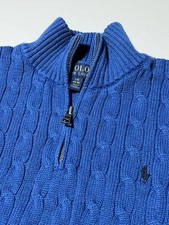 Polo Ralph Lauren Mock Neck 1/4 Zip Blue Cable Knit Sweater Boys Large 14/16