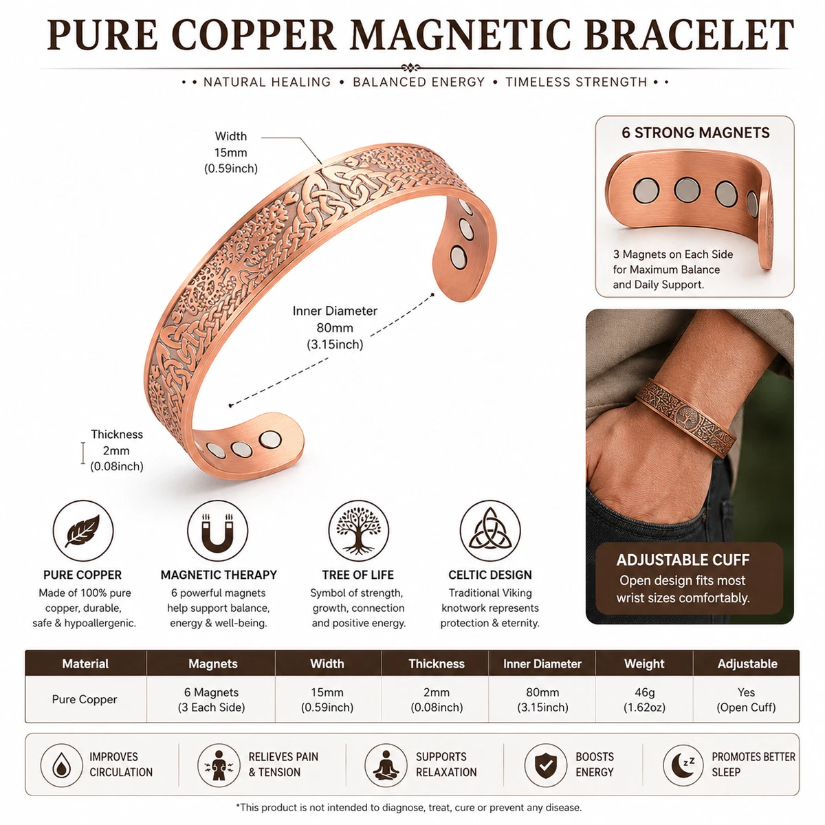 Pure Copper Magnetic Bracelet Tree of Life Celtic Viking Therapy Cuff Men Women