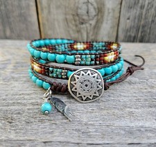 Tribal Style Beaded Leather Wrap Bracelet  Southwestern Inspired Boho Jewelry