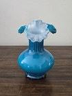 VTG 50s Fenton Art Glass Jamestown Overlay Aqua Blue White Glass Ruffled Vase