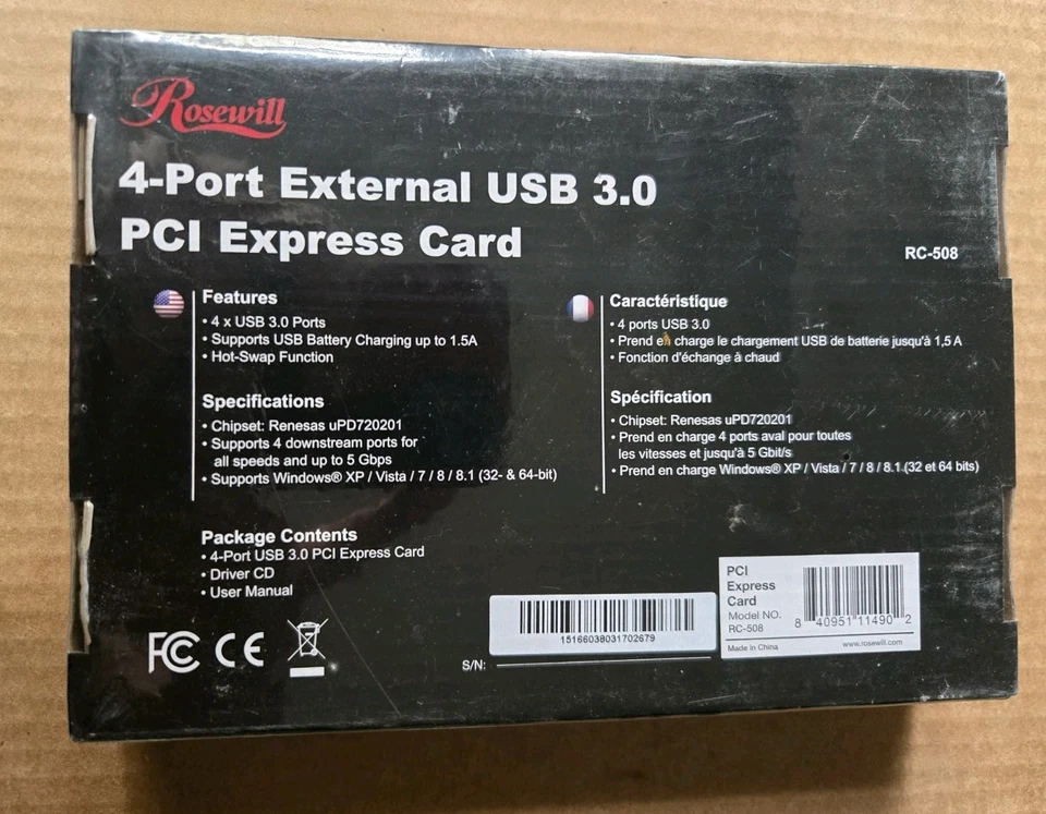 Rosewill model RC-508 4-Port USB 3.0 PCI Express Card New Sealed - Image 2 of 2