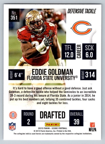 Eddie Goldman 2015 Score #351 Chicago Bears Rookie Football Card - Picture 2 of 2