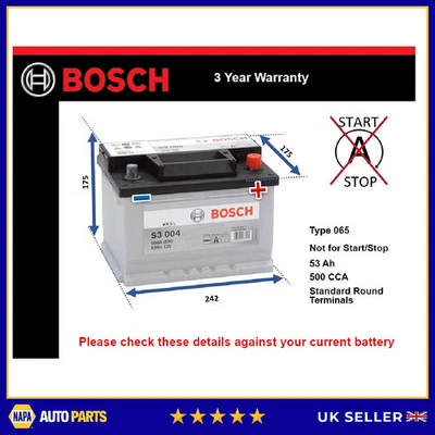 Battery fits FORD ESCORT Bosch 065 500A 53Ah 3Yr Warranty 242x175x175 - Image 1 of 4