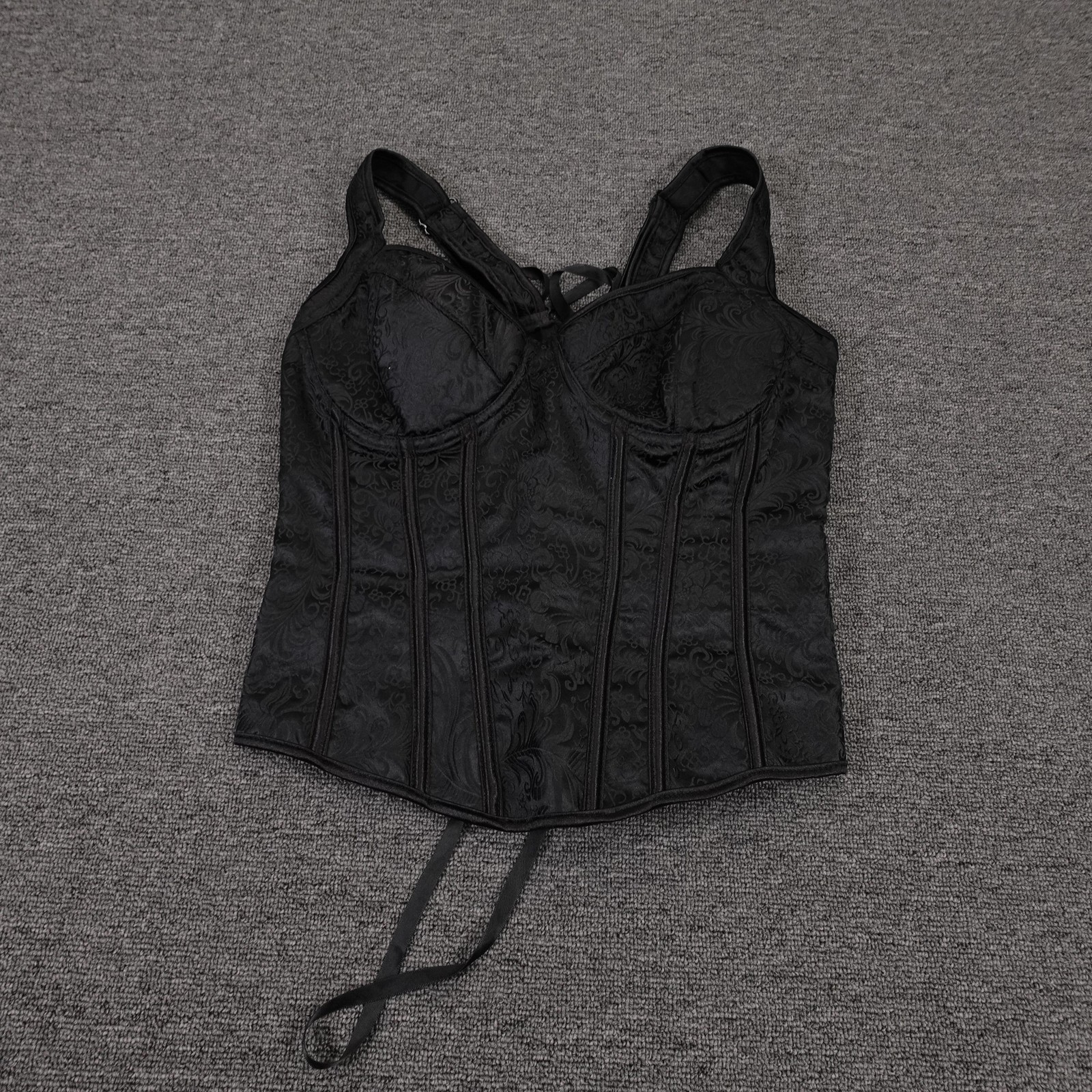 Corset Top Womens XL Black Jacquard Overbust Lace Up Zipper Boned Goth Floral-image