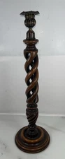 Victorian Oak Barley Twist Candlestick-Brass and Wood- Farmhouse Cottage Decore