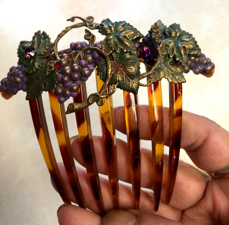 Hand Made Hair Jewelry Brass Hair Comb Purple Crystals Flowing Grape Vines