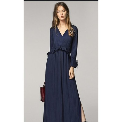 Massimo Dutti Navy Pleated Midi Dress Long Sleeve Ruffle Detail Size S
