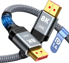 8K Displayport Cable 1.4, VESA Certified 6.6FT DP Cord (8K@60Hz, 4K@144Hz, 2K@24
