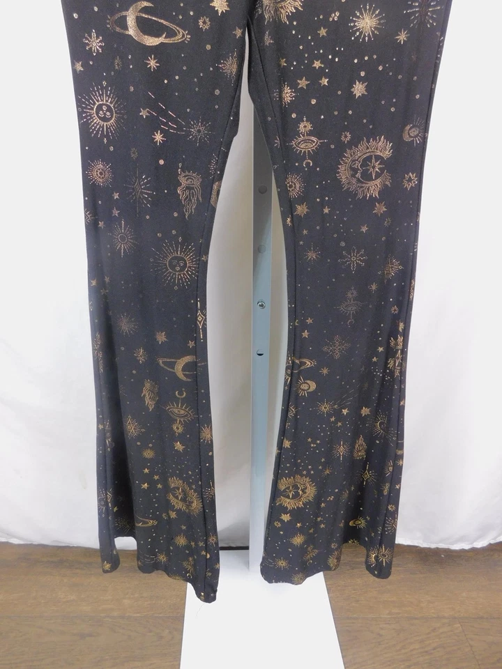 No Boundaries Med Flare Leg Pants Black Gold Celestial Print Stretch Boho Witch - Image 3 of 4