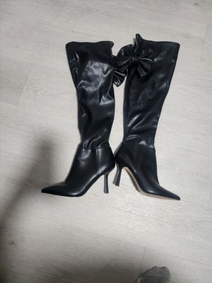 Gianni Bini Black Knee-High Pointed Toe Stiletto Bow Pull-On Boot US 8 M