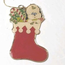 Vintage Puppy Dog in Stocking Metal Christmas Tree Ornament