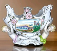 Uncommon & Stunning Maximalist Ornate Porcelain Basket With Cherubs And Flowers