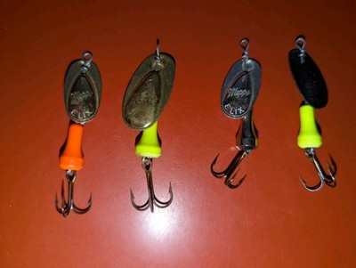 Lot of 4 Mepps Elix Spinner Fishing Lures, France (Silver, Orange, Yellow)